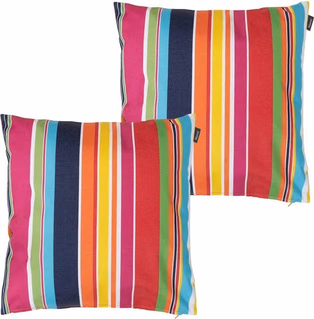ICON Set of 2 Technicolour Geometric Waterproof Indoor and Outdoor Cushions in Orange and Multicolour, W/D/H: 43 x 43 x 43 cm