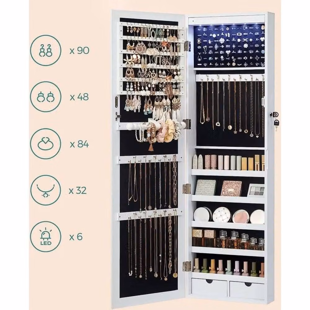 SONGMICS Lockable Wall Mounted Jewellery Cabinet with Mirror and Compartments in Black – 2