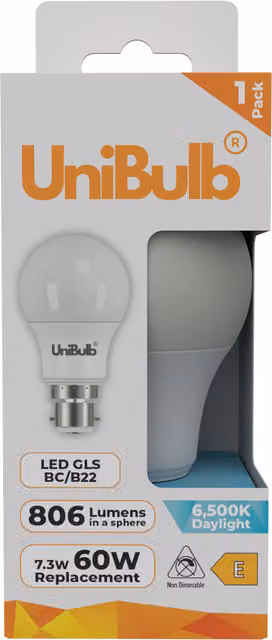 UniBulb LED GLS B22 White Daylight Bulb 806lm 7.3W 6500K