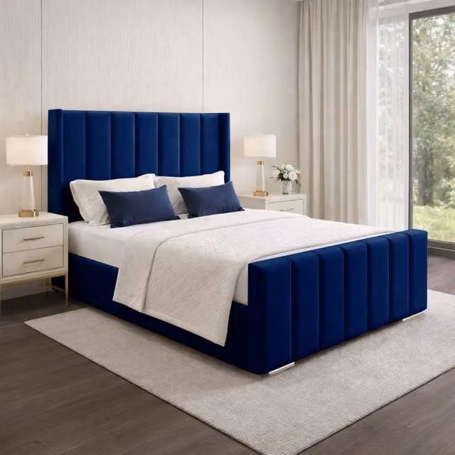 Desire Deco Blue Plush Velvet Wingback Upholstered Panel Bed Frame, W/D/H: 140 x 200 cm