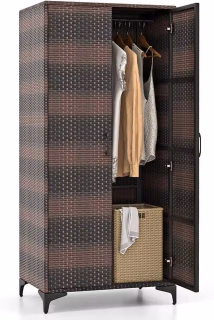 NESTLUNE Brown Wicker 2 Door Storage Cabinet with Soft Close Hinged Doors, W/D/H: 100 x 15 x 157 cm