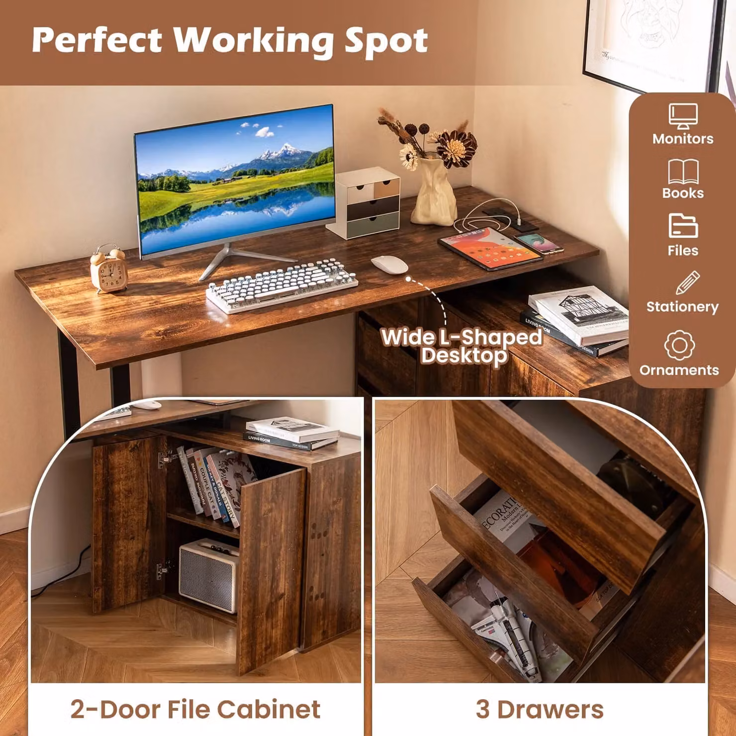 Costway Reversible L-Shaped Corner Computer Desk in Brown – 3