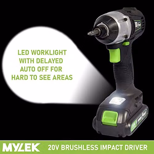 Mylek 4ORCE Cordless Brushless Impact Drill Driver 20V in Black with 2000Ah Battery, Fast Charger, Variable Speed 0-2400RPM, 280Nm, 0-3200BPM and LED Work Light – 5