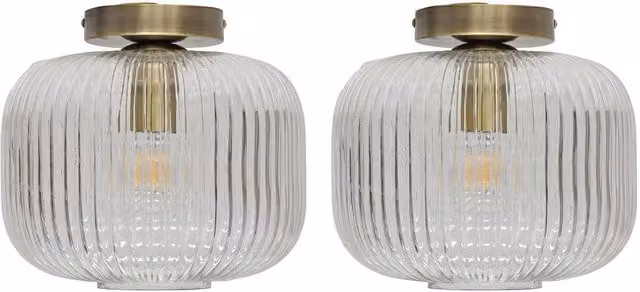 First Choice Lighting Batley Set of 2 Large Ribbed Glass Ceiling Lights in Antique Brass and Clear – 1