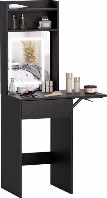 HOMCOM Modern Black Dressing Table with Hollywood LED Lighted Mirror, Open Shelves and Drawer