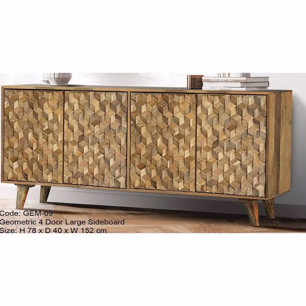 Jaipur Furniture Ltd Geometric 4 Door Large Sideboard in Brown Mango Wood, W152 x D40 x H78 cm – 2