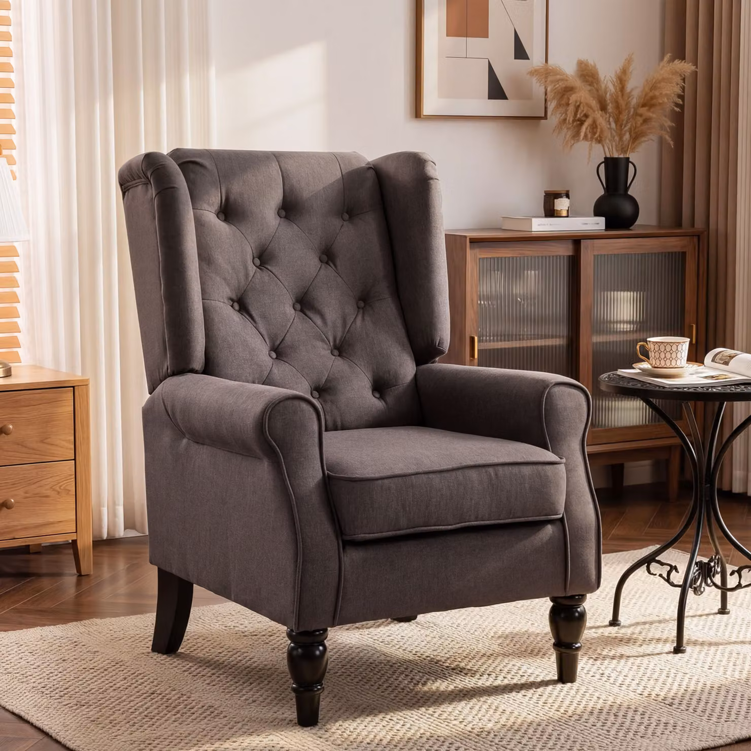 HOMCOM Brown Wing Back Armchair with Button Tufted Fabric Upholstery and Solid Wood Frame – 2