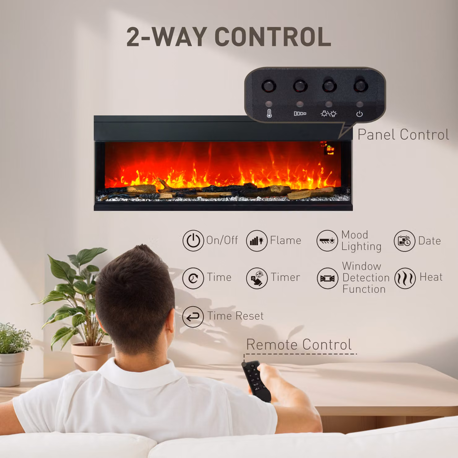 HOMCOM Black Wall Mounted Electric Fire with LED Flame Effect, 1800W, 152cm – 5