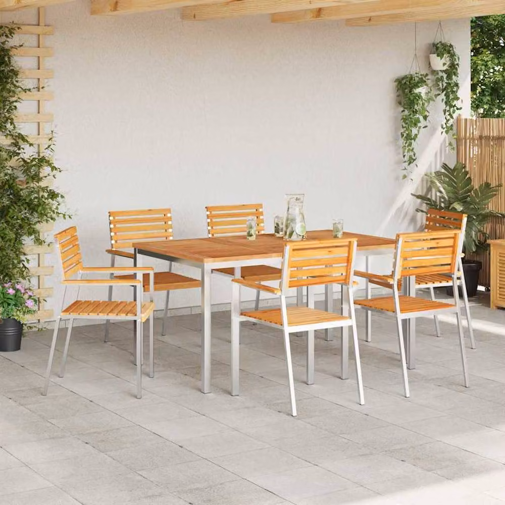 Berkfield Home Modern 7 Piece Rectangular Garden Dining Set in Brown Solid Teak Wood – 3