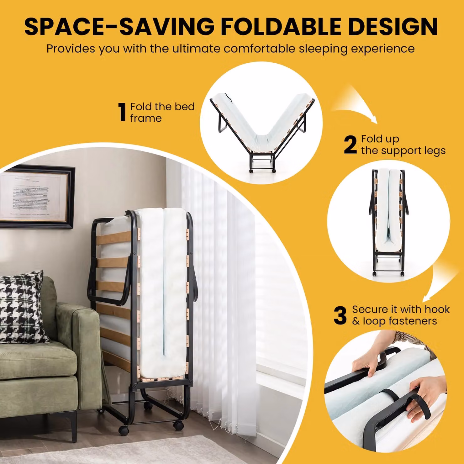 Gymax Portable Folding Rollaway Bed with Foam Mattress and Birch Wood Slats in White – 3