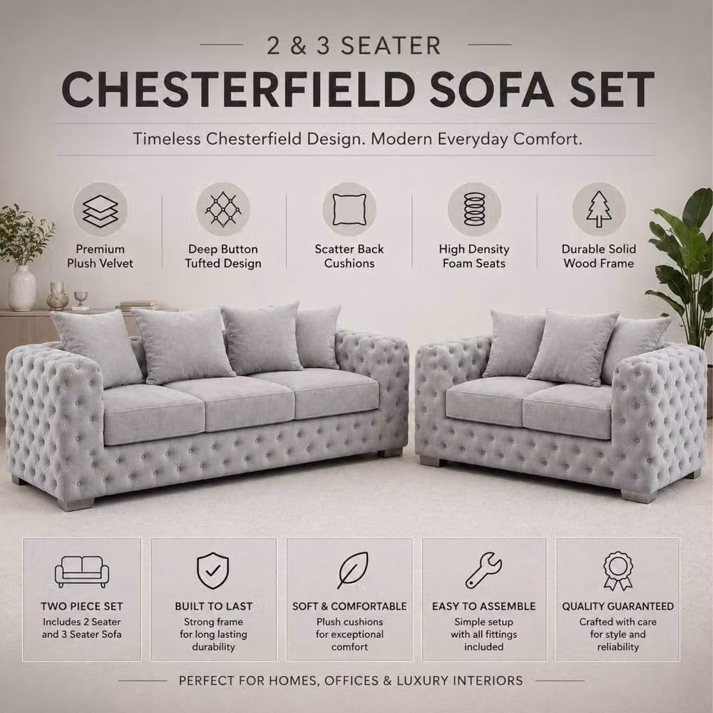 Stratus Interiors Ashley Scatter Back Chesterfield Fabric Sofa 2 and 3 Seater Set in Light Grey – 2