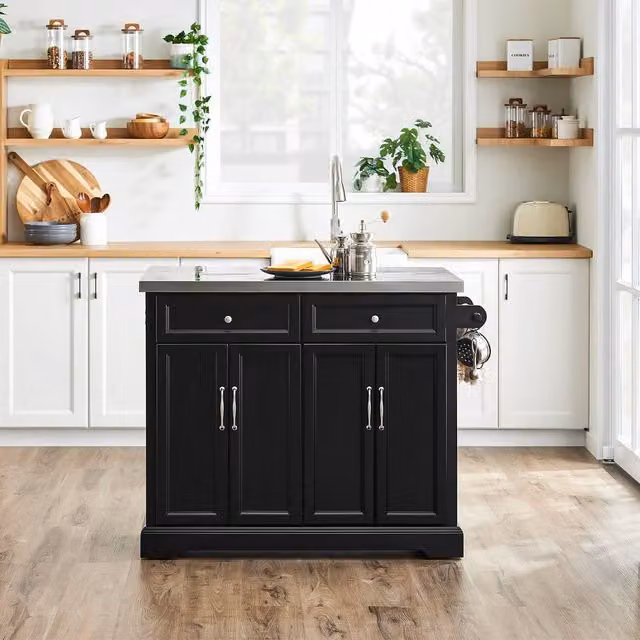SoBuy Mobile Drop-Leaf Kitchen Island Breakfast Bar with 2 Drawers in Black
