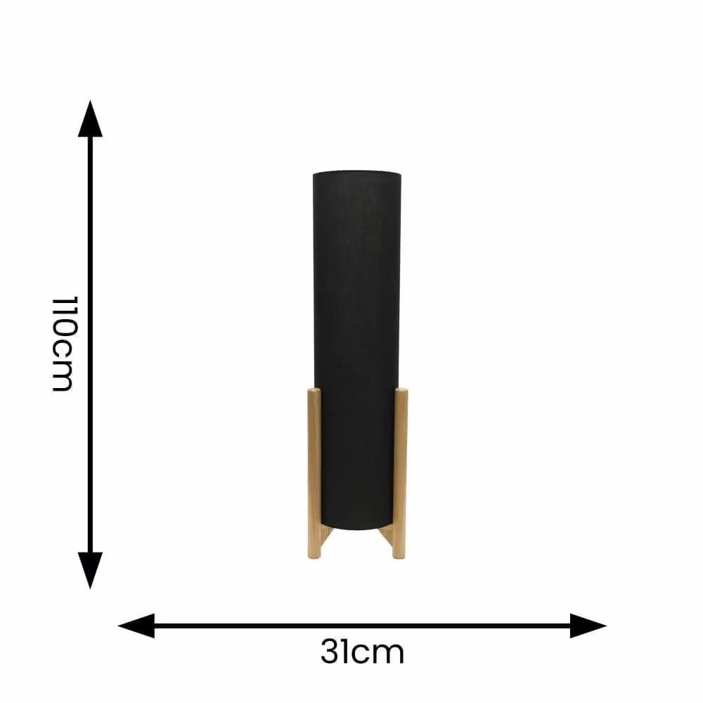 ValueLights Henry Midi Floor Lamp with Wooden Base and Grey Fabric Cylinder Shade – 4