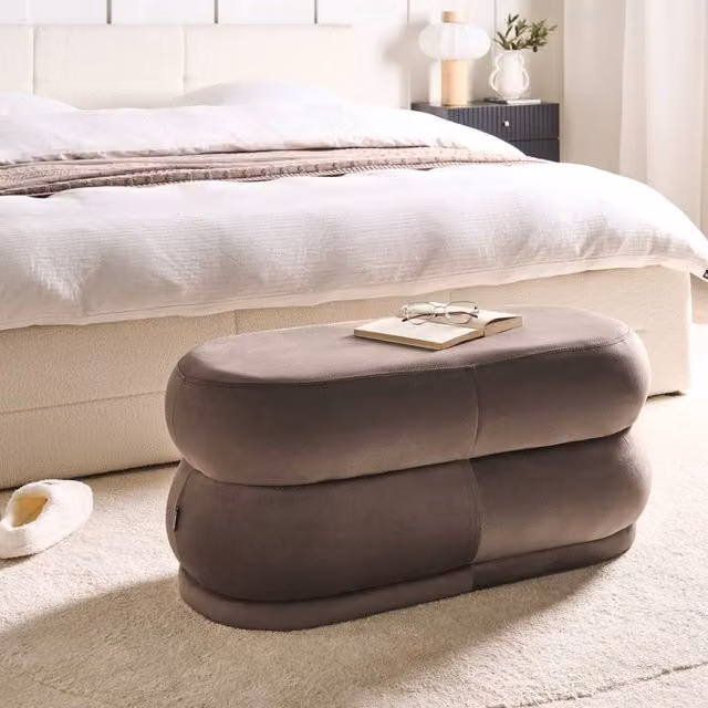 Wyld and Coco Modern Plush Velvet Upholstered Bed Bench in Brown, W/D/H: 90 x 40 x 41 cm