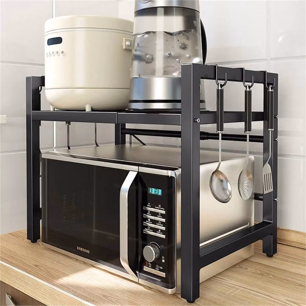 SPETLEK 2 Tier Expandable Microwave Shelf and Countertop Storage Rack in Black Metal – 4