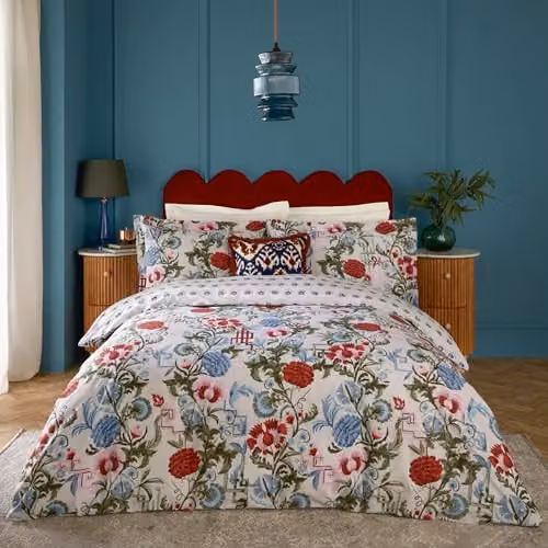 Paoletti Ishana Reversible Botanical Floral Cotton Rich Duvet Cover and Pillowcase Set in Red Currant and French Blue, W: 260 cm, H: 220 cm
