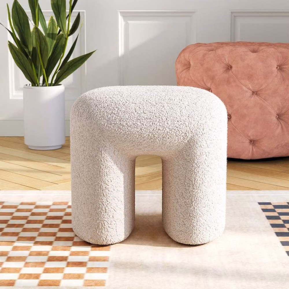 KORVIXA White Bouclé Plush Upholstery Pouffe Footstool, Diameter: 100 cm – 3
