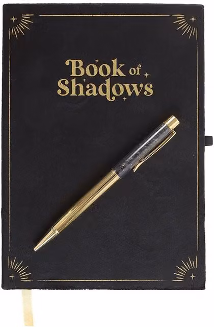 Kingsbury Gifts Book of Shadows A5 Lined Hardcover Journal Notebook and Crystal Pen Set in Green, Gold and Black
