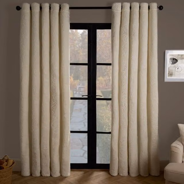 OHS Pair of Cream Teddy Fleece Thermal Eyelet Curtains, Width: 228 cm