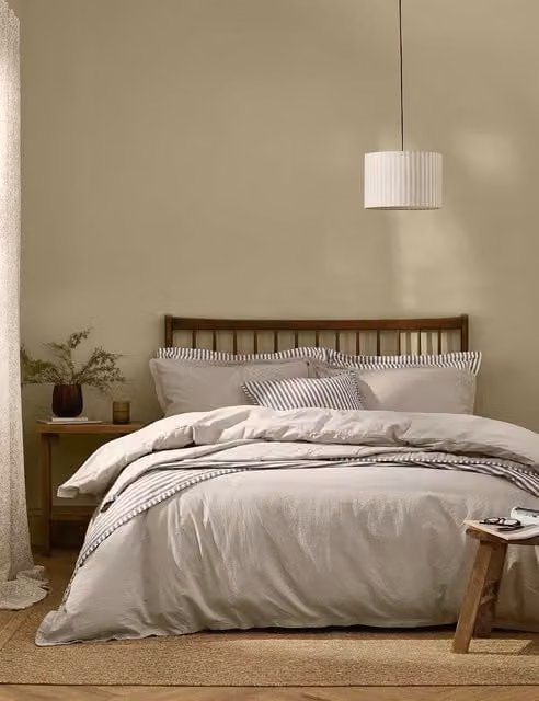 YARD Hebden Grey Pure Cotton Percale Bedding Set with Duvet Cover and Pillowcase, 90x190 cm