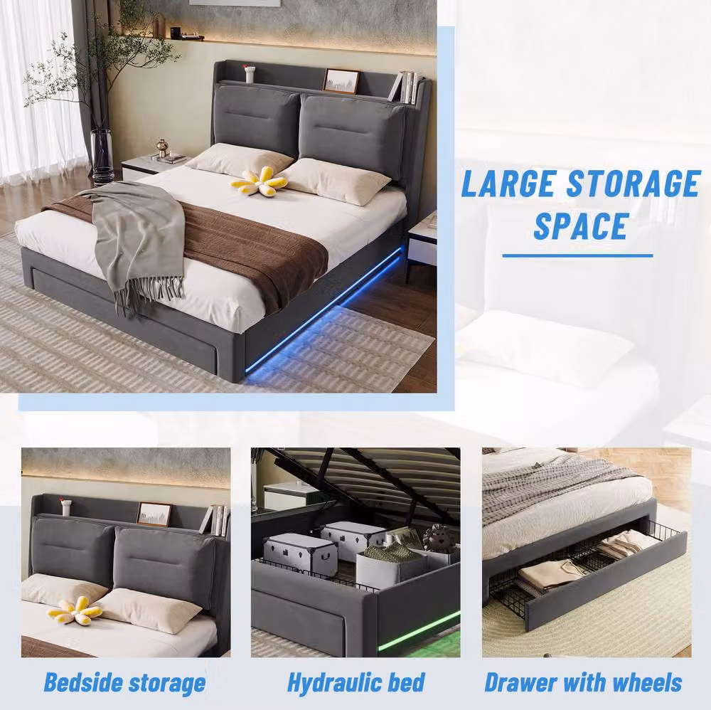 STILVORA Grey Velvet Upholstered King Size Bed with Under-Bed LED Lighting and Storage, W/D/H: 180 x 200 cm – 6