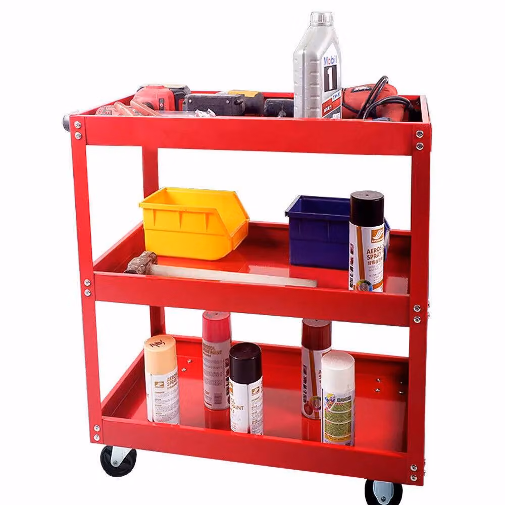 Dprodo Heavy Duty 3-Shelf Rolling Steel Cart with Lockable Wheels, Red, W/D/H: 60 x 60 x 60 cm – 6