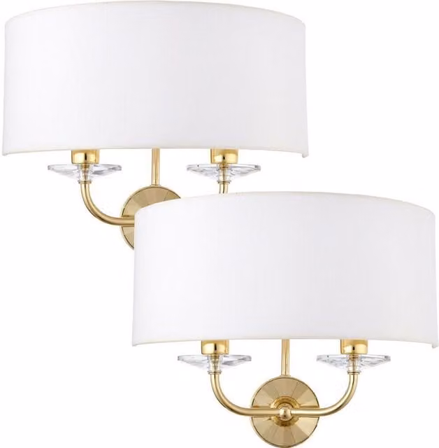 Loops Pack of 2 Dimmable Twin Wall Lights in Brass and White Fabric