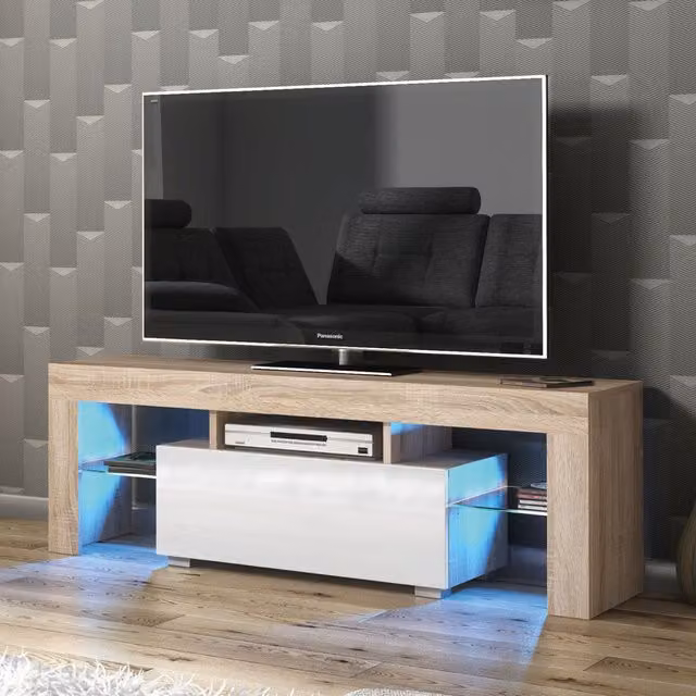 Creative Furniture Floe TV Unit in Oak with White Gloss Doors and LED Lights, W/D/H: 130 x 45 x 35 cm