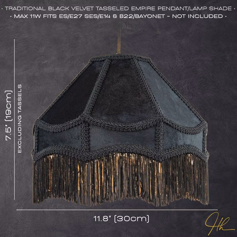 Happy Homewares Traditional Victorian Empire Soft Velvet Lamp Shade with Tassels in Black, Diameter: 30.48 cm – 6