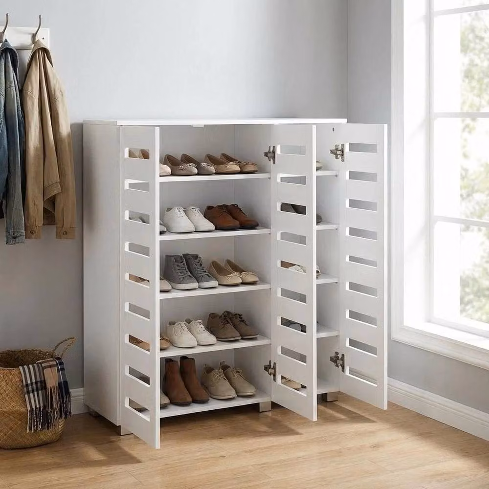 NESTLUNE 3 Door White Wooden Shoe Storage Cabinet with Internal Shelves W: 100 cm, D: 15 cm, H: 15 cm – 2