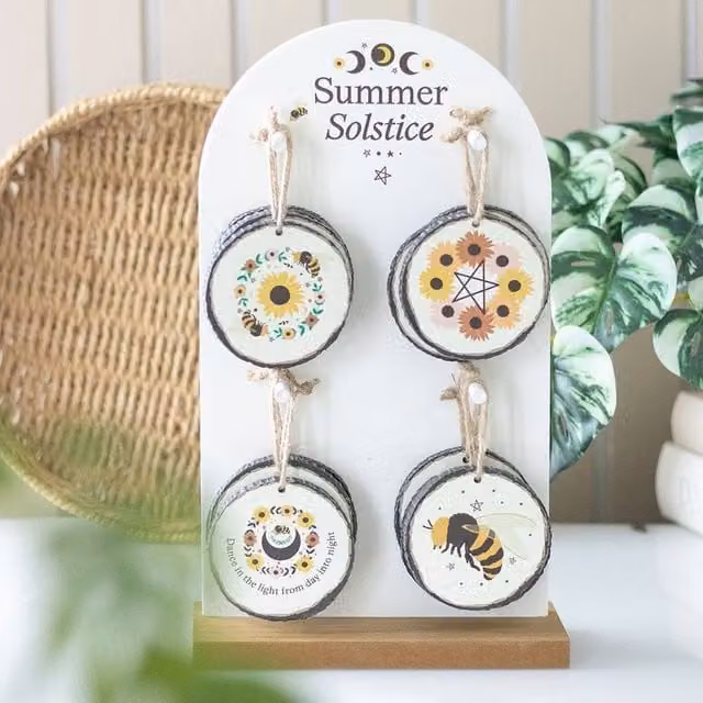 Uniqueful Set of 16 Multicolour Summer Solstice Wooden Tabletop Decorations featuring Floral, Animal, Geometric and Moon Designs – 1