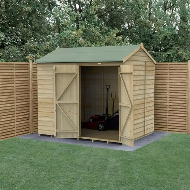 Beckwood 8x6 Reverse Apex Wooden Garden Shed in Green and Brown with Floor and Lock