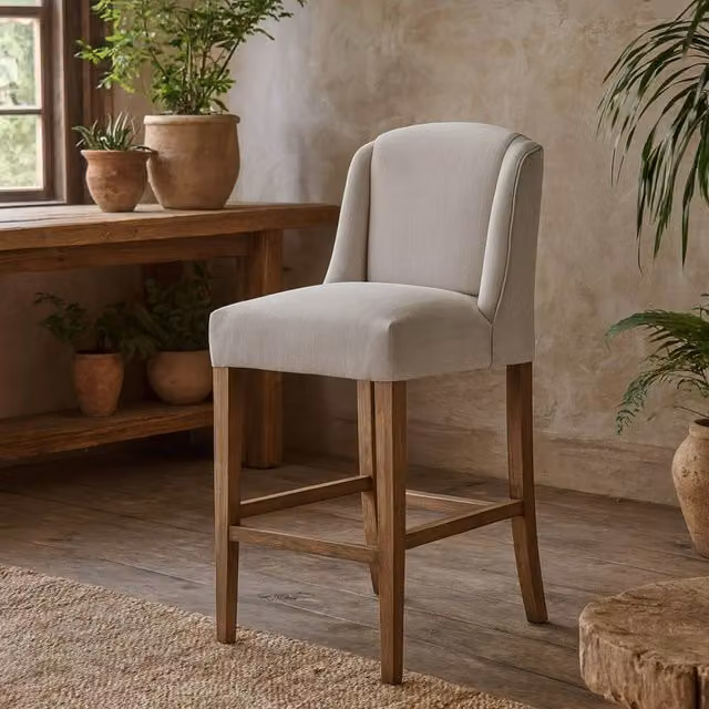 Wyld Haus Parma Arched Upholstered Bar Stool in Grey with Oak Legs – 1