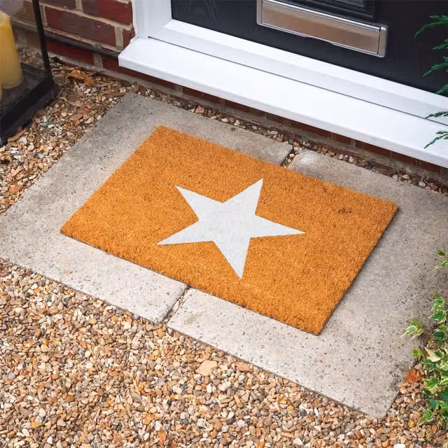 Nicola Spring Coir Door Mats with Stars, Pack of 2, Brown, Black, White and Orange, W: 60 cm, D: 40 cm