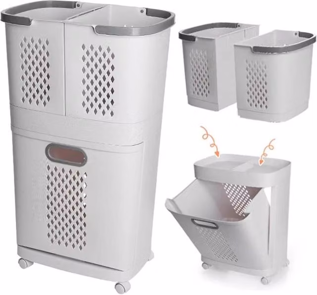 Kelvenix 2 Tier Mobile Laundry Basket Trolley Cart with Removable Bags in White