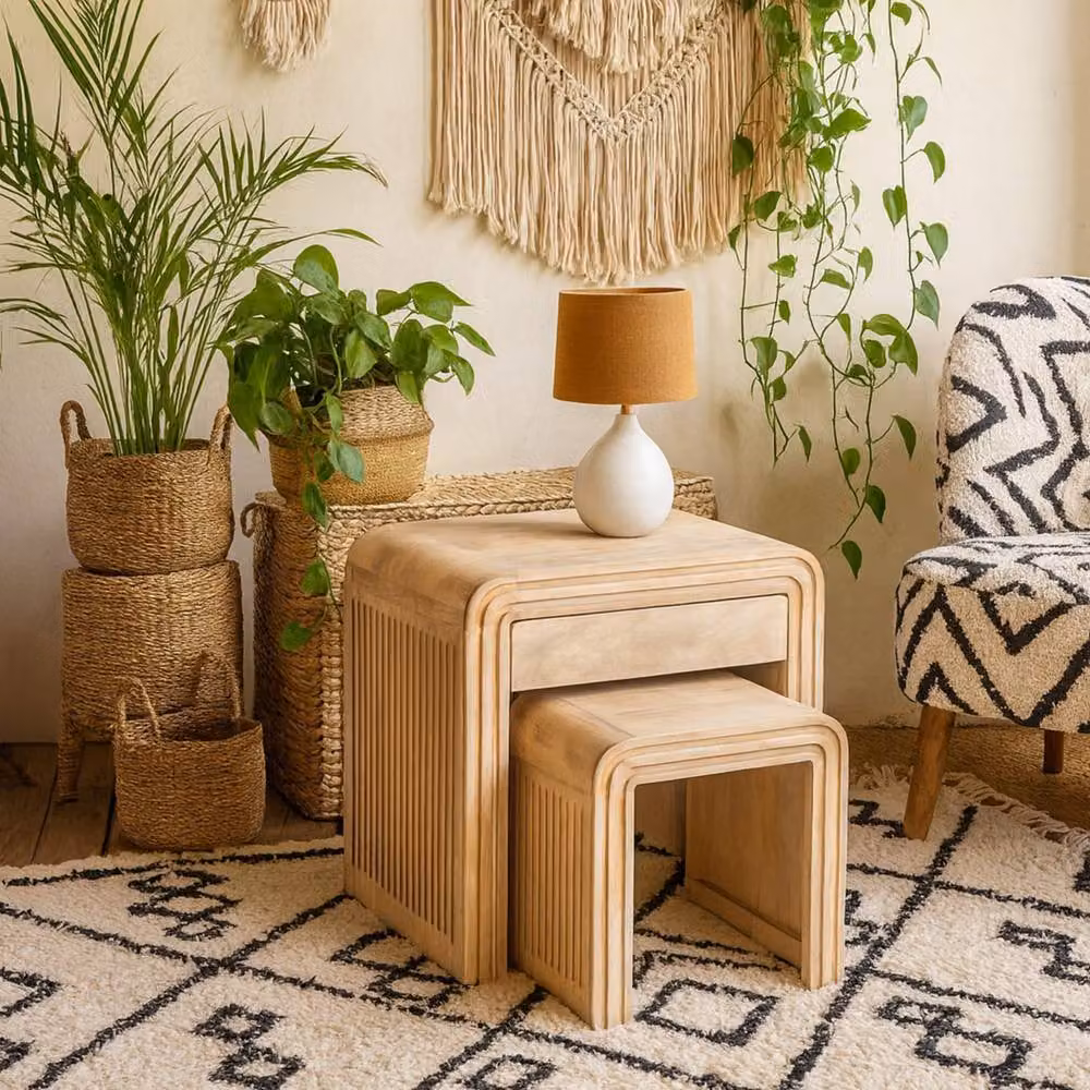 Wyld Haus Arizona Set of 2 Carved Mango Wood Nesting Tables with Drawer in Brown – 2