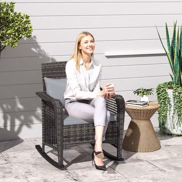 Outsunny Rattan Garden Rocking Chair in Light Grey