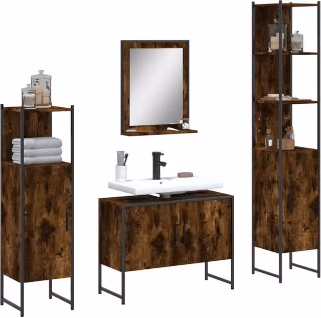 Berkfield Home 4 Piece Industrial Bathroom Cabinet Set in Smoked Oak Brown – 1
