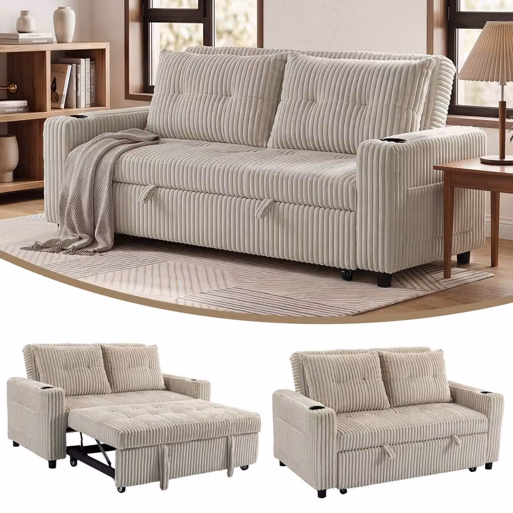 HOMCOM 2 Seater Corduroy Click Clack Sleeper Sofa with Pull Out Design and Scatter Cushions, White – 2
