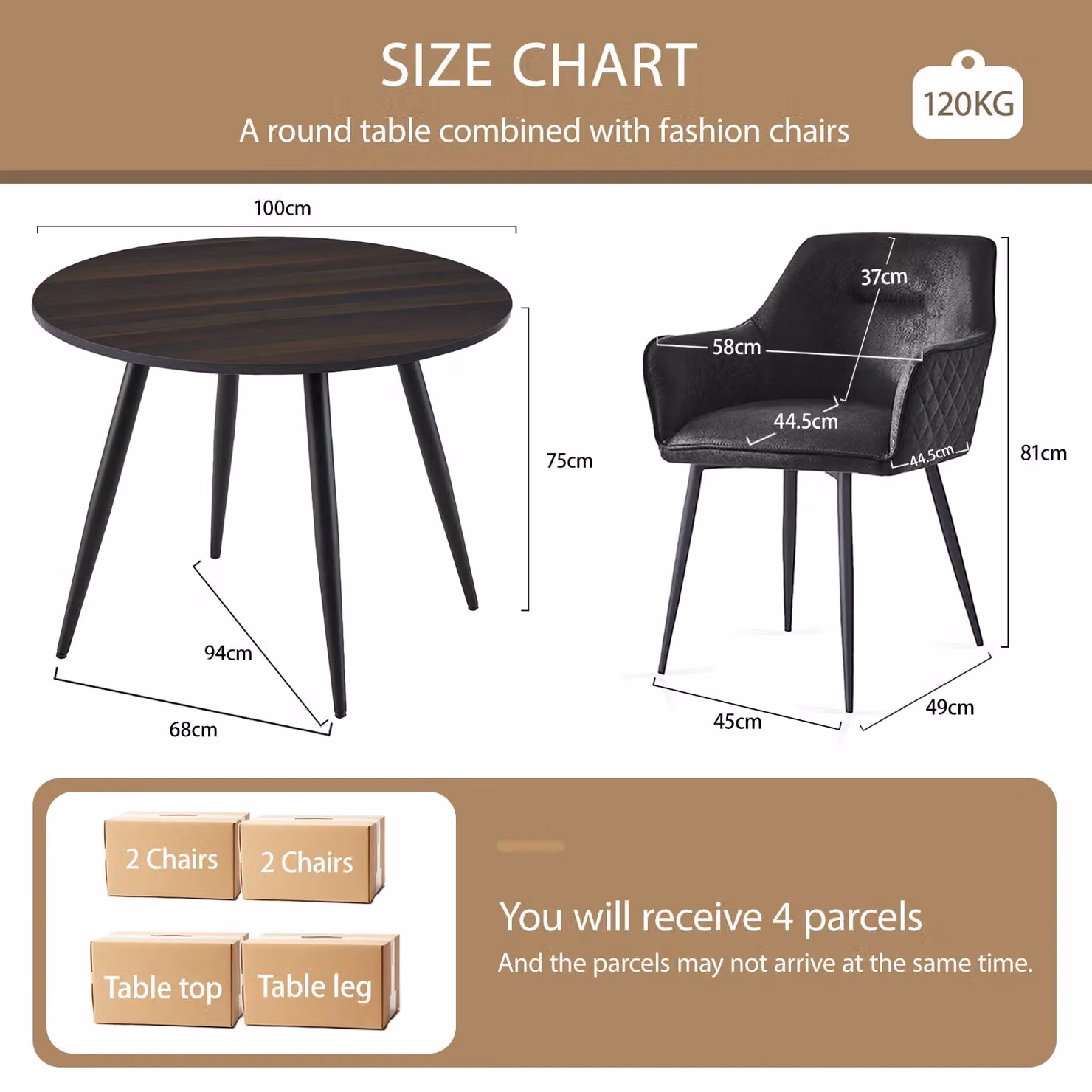 SONARA Dark Walnut Round Dining Table and 4 Black Faux Suede Dining Chairs Set – 2