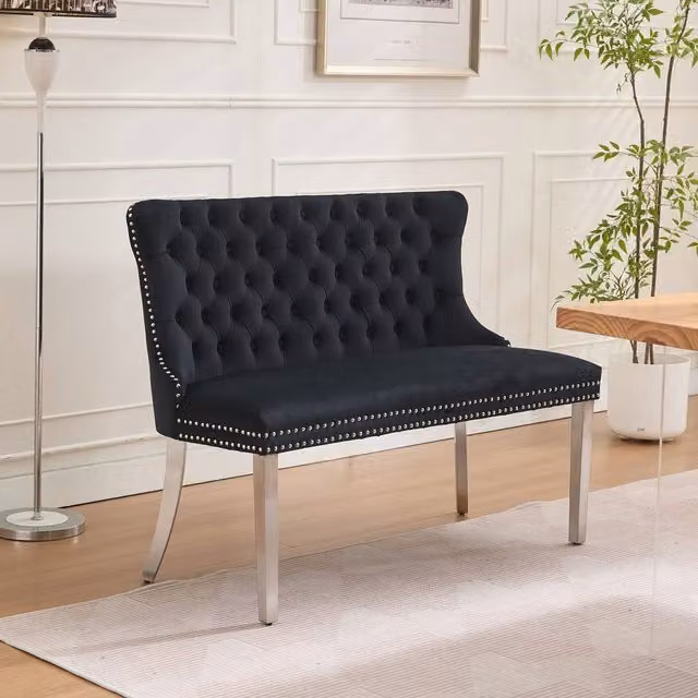 HomeTouch Modern Velvet Double Dining Loveseat Bench with Chrome Steel Legs in Black – 1