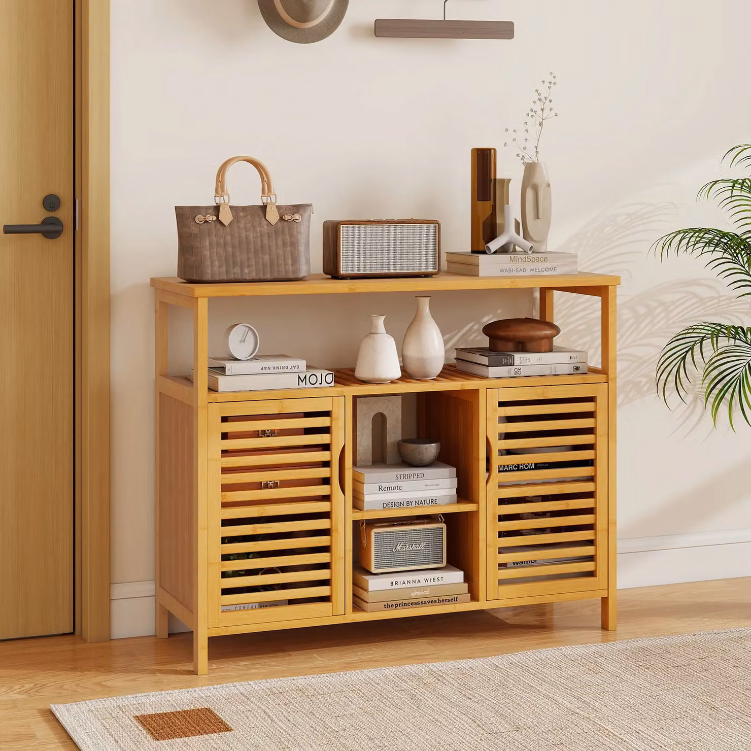 Costway Bamboo 2-Door Bathroom Cabinet Storage Organiser with Internal Shelves in Natural Brown – 3