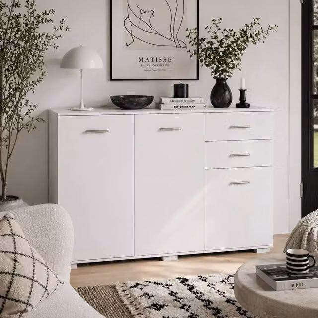 Wyld Haus Fini Refa White Sideboard with 2 Drawers, 3 Doors and Adjustable Shelf