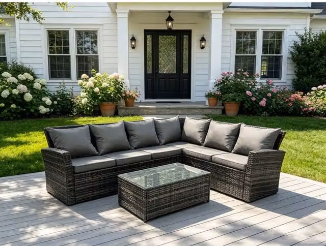 Fimous High Back Rattan Corner Sofa Set with Oblong Coffee Table, Right Facing, Dark Grey Mixed