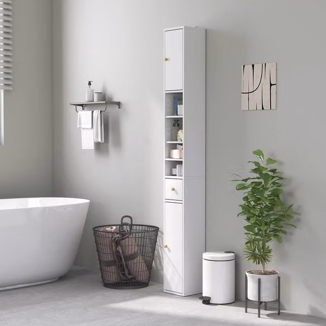 HOMCOM Tall White Freestanding Bathroom Cabinet with Drawer and Adjustable Shelves – 1