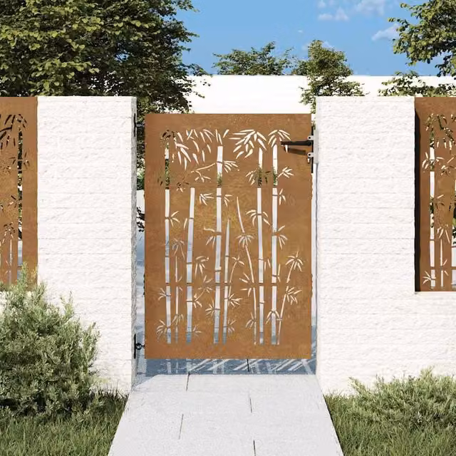Berkfield Home Garden Gate in Brown Corten Steel with Bamboo Design, W: 85 cm, H: 125 cm