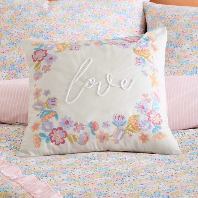 Catherine Lansfield Love Filled Square Linen Cushion, Multicolour and Beige, W/D/H: 45 x 45 x 45 cm