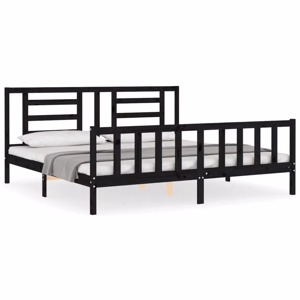 Berkfield Home Solid Wood Pine Bed Frame with Headboard in Black, 200 x 200 cm – 2