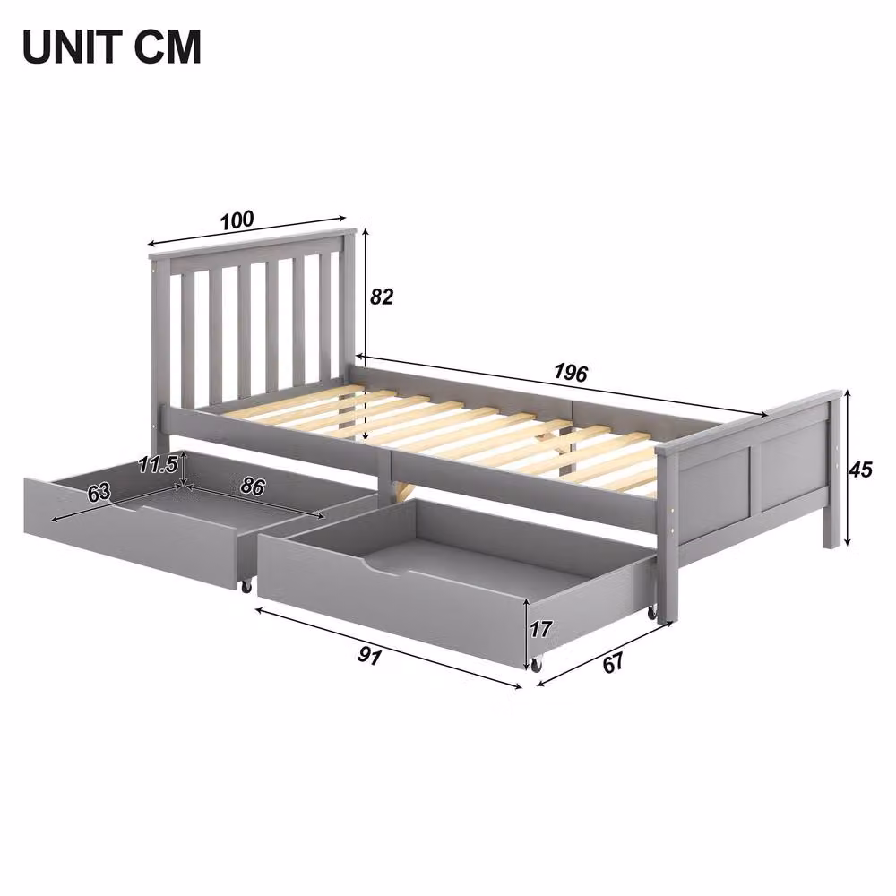 BTM Solid Pine Wood Bed Frame with Storage Drawers in Grey and White, W/D/H: 90 x 200 cm – 4