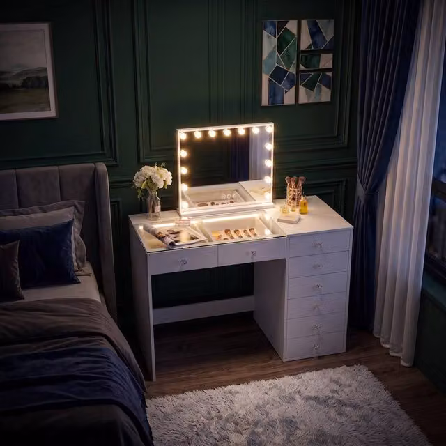 FENCHILIN 8-Drawer White Glossy Dressing Table with 15 LED Hollywood Mirror